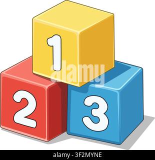 Colorful toy number blocks with digits one two and three isolated on white background. Stock Vector