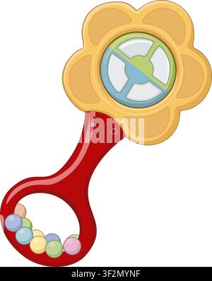 Baby rattle toy with flower shaped top and colorful beads isolated on white background. Stock Vector