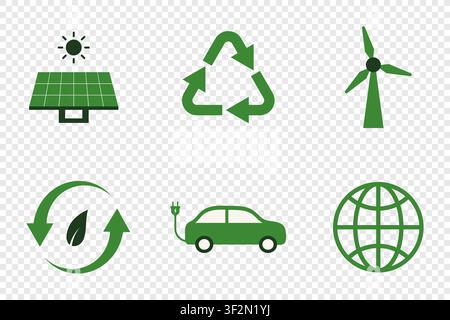 Ecology and green energy flat icon set. Sustainable tech minimalist vectors Stock Vector