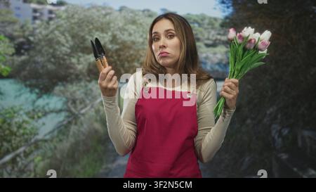 Woman in red apron holds pruning shears in one hand and a bouquet of pink tulips in the other, inspects blades while raising hand near face in forest; Stock Photo