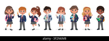 Set of Cheerful, Happy School kids in school uniforms with backpacks. Vector illustration in cartoon flat style Stock Vector