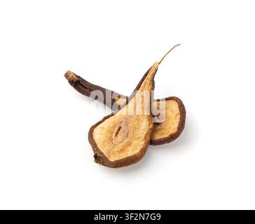 Dry pear slices isolated. Dried apple chips, healthy fruit snack top view, dehydrated gourmet rings, crunch pitted sweet pear chips on white backgroun Stock Photo