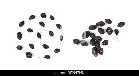 Dry Plums Isolated, Dried Black Fruits Pile, Prune Group, Natural Healthy Dessert, Dry Plum Fruit on White Background Top View Stock Photo