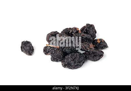 Dry Plums Isolated, Dried Black Fruits Pile, Prune Group, Natural Healthy Dessert, Dry Plum Fruit on White Background Stock Photo