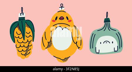Vintage Glass Christmas Ornaments Featuring Pine Cone, Yellow Bird and Onion Shaped Bauble, Hand Drawn Retro Holiday Decoration Collection. Vector ill Stock Vector