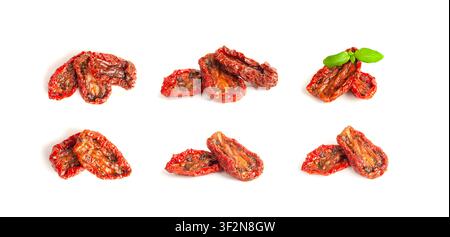 Dry Tomatoes Isolated, Sun Dried Pomodoro Pile, Dehydrated Tomato In Olive Oil, Cured Sundried Vegetable Slices, Dry Plum Tomatoes, Italian Snack on W Stock Photo