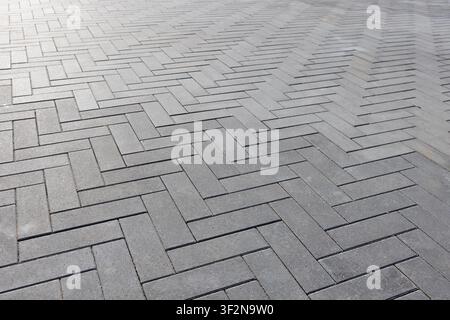 Gray concrete pavers forming a clean Herringbone geometric pattern of an outdoor walkway. Close-up view emphasizes texture, repetition and modern desi Stock Photo