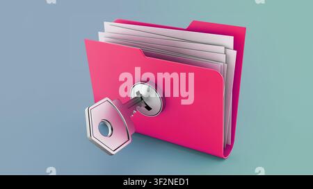 Key on locked yellow folder. 3D illustration. Stock Photo
