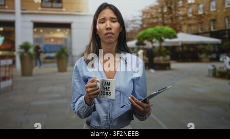 Young southeast asian woman in blue shirt holds i am the boss mug and clipboard with both hands, lips pursed, standing on street near cafe; frustratio Stock Photo