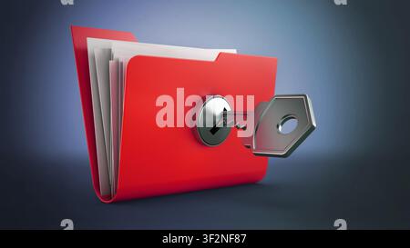 Key on locked yellow folder. 3D illustration. Stock Photo