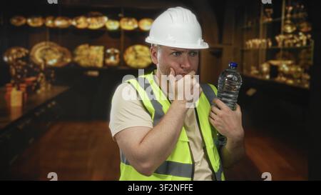 Man engineer wearing white hardhat and yellow hi vis vest holding plastic water bottle, hand covering mouth while examining exhibits inside museum bui Stock Photo