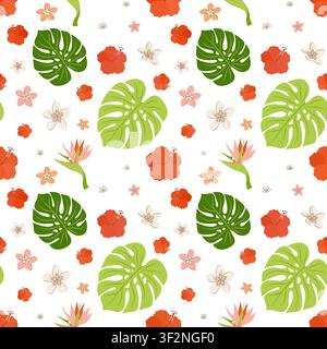 Seamless vector pattern with monstera leaves and tropical flowers on white background. Exotic botanical repeat for textile, wallpaper, packaging and print. Stock Vector