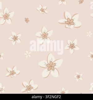 Seamless vector pattern with delicate cream flowers on beige background. Soft floral repeat for textile, wallpaper, packaging and elegant print. Stock Vector