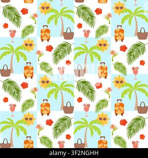 Seamless vector summer pattern with palm trees, tropical leaves, cocktail, suitcase and sun. Bright vacation design for textile, packaging and print. Stock Vector