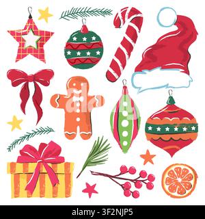 Vector watercolor Christmas set of traditional festive icons. Hand drawn winter holiday design elements with santa hat, gingerbread man, gift box and Stock Vector