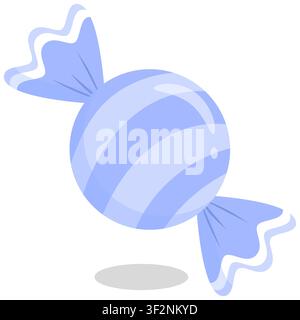 Cute pastel periwinkle striped wrapped candy vector icon. Minimalist glossy sweet in kawaii doodle style. Perfect for planners, stickers, scrapbooking Stock Vector