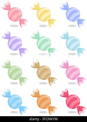 Cute collection of 12 pastel striped wrapped candy vector icons. Minimalist glossy sweets in a colorful palette. Perfect for stickers, planners, and b Stock Vector