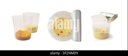 Dry Instant Noodles Cup Isolated, Tomato Spaghetti in a Plastic Cup, Fast Food, Instant Noodles on White Background Stock Photo