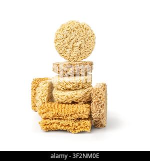Assorted Raw Noodles Stack Isolated, Dry Round Ramen Noodle, Different Uncooked Korea Vermicelli, Fast Chinese Wheat Pasta, Instant Macaroni Mix on Wh Stock Photo