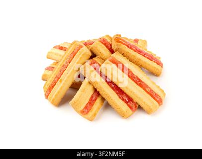 Shortbread sticks with a jam strip isolated, biscuit cookies, rectangular pieces with fruit marmalade or jelly on white background Stock Photo