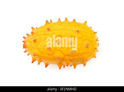 Kiwano isolated, jelly melon, cucumis metuliferus ripe fruit, orange horned melon, african horned cucumber, spiked melon on white background closeup Stock Photo