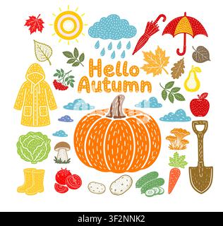 Set of autumn items . Hand drawn. Not AI, vector illustration. Stock Vector