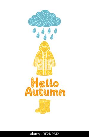 Hello, autumn. Yellow raincoat and rain. Hand drawn. Not AI, vector illustration. Stock Vector
