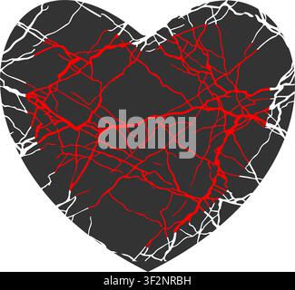 A striking heart silhouette filled with dark charcoal marble texture, crossed by a vivid network of bold red cracks and delicate white veins spreading organically across the entire surface. The intense contrast between the dark stone base and the fiery red fractures creates a raw, dramatic aesthetic that powerfully evokes themes of heartbreak, passion, resilience, and emotional intensity. Set against a clean white background, the design is highly versatile for Valentine s Day cards, gothic wedding invitations, dark romance book covers, edgy fashion branding, luxury packaging, and modern wall a Stock Vector