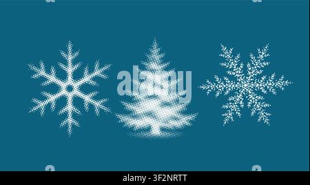 Merry Christmas. A set of winter objects in halftone: Christmas tree, snowflakes Not AI, vector illustration. Stock Vector