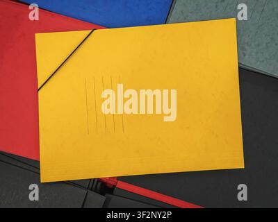 Yellow document folder flat lay. Document folder placed over colorful folders in top view for filing, school, office organization. Concept of paper Stock Photo