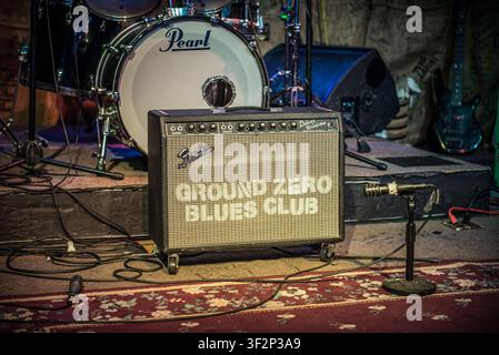 Fender guitar amplifier and drum kit onstage at Ground Zero Blues Club in Clarksdale, Mississippi, USA Stock Photo