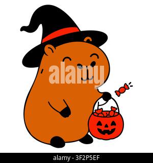 Cute brown capybara character wearing a black witch hat and holding a pumpkin bucket filled with orange candies for halloween trick or treat Stock Vector