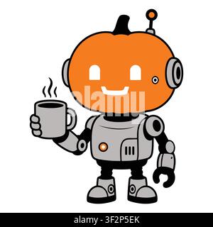 Cute robot character with a pumpkin head holding a steaming cup of coffee, halloween technology and autumn themed cartoon Stock Vector