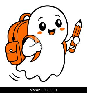 Cute white ghost character wearing an orange backpack and holding a pencil, cartoon for back to school or halloween education Stock Vector