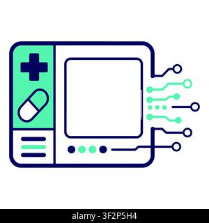 Medical diagnostic monitor screen with a cross symbol and pill, featuring digital circuit board lines and connectivity nodes, healthcare Stock Vector
