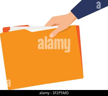 An illustration of a hand reaching out or holding a brown manila office folder with white paper documents inside. Stock Vector