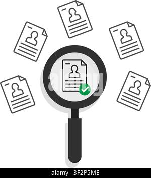 An illustration of a magnifying glass focusing on a selected candidate profile resume among multiple applicant cvs. Stock Vector