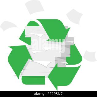 An illustration of a green recycling loop symbol enclosing a stack of paper sheets with loose documents floating around. Stock Vector