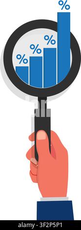 flat vector illustration of a hand holding a magnifying glass focusing on a rising bar chart with percentage symbols Stock Vector