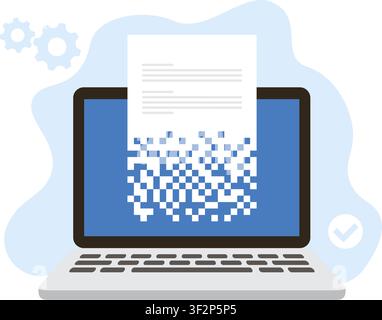 A conceptual design showing a white document disintegrating into square pixels to symbolize data loss and privacy. Stock Vector