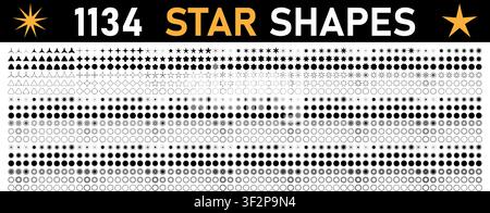 Mega pack of black stars icons. Star shapes collection. Minimalist simple stars pack. Christmas star objects isolated on transparent background. Vecto Stock Vector