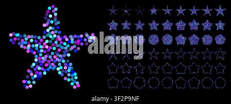 Set of purple confetti stars icons. Star glitter shapes collection. Shiny simple stars pack. Christmas star objects isolated on black background. Vect Stock Vector
