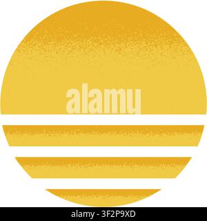 Whole and striped yellow circle halves with gritty texture isolated on white background. Sun and sea silhouette. Sunrise or sunset concept. Simple summer design element. Vector flat illustration. Stock Vector