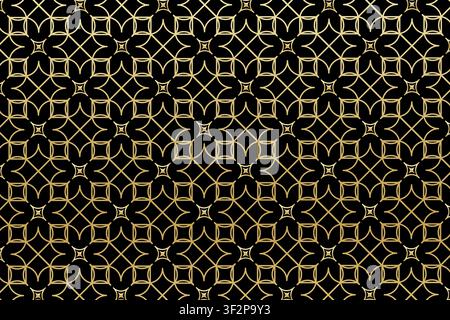 Art deco pattern with repeated golden flowers and twinkles shapes on black background. Luxury floral grid. Elegant minimalistic wallpaper. Golden abstract geometric ornament. Vector illustration. Stock Vector