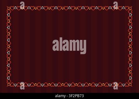 Red heart chain lace border frames a rectangle shape as delicate romantic trim on burgundy striped background. vector illustration for valentine wedding invitation cards and labels. Stock Vector