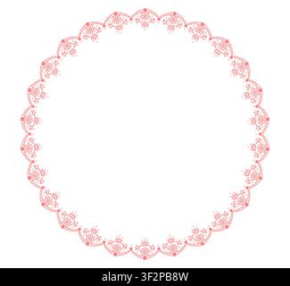 Pink folk floral lace circular wreath with flower scallops plus tiny crown accents forms romantic vintage ornament isolated on white for wedding labels, badges or cottagecore invitation designs. Stock Vector
