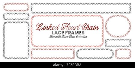 Red heart chain lace border frames surround rectangle, oval, circle plus rounded square shapes as delicate romantic trim isolated on white background for wedding valentine stationery. Stock Vector