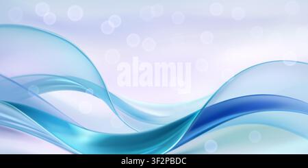 Smooth, flowing blue and white abstract waves against a soft, bright, bokeh-filled pastel gradient background. Stock Vector