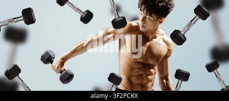 Fit Young Black Man Working Out With Dumbbell At Gym, Strength Training Concept Stock Photo