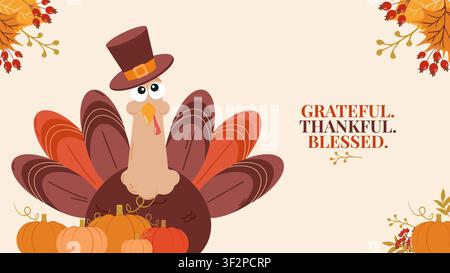 Cute turkey autumn leaves and wreath Thanksgiving invitation template. for greeting card party invite print and web design, vector illustration. Stock Vector